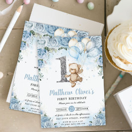 Teddy Bear Balloons Blue Floral First 1st Birthday Kaart