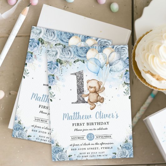 Teddy Bear Balloons Blue Floral First 1st Birthday Kaart