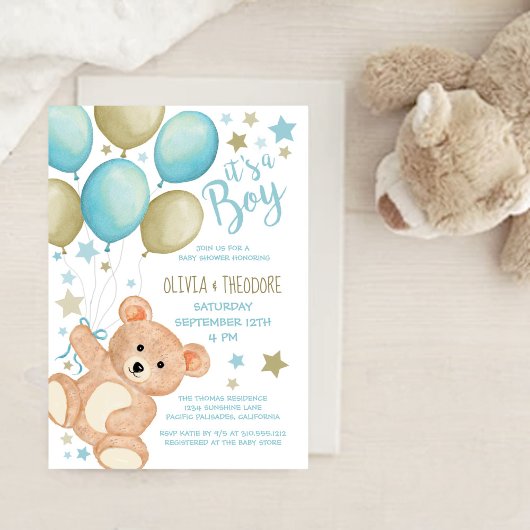 Teddy Bear Balloons Blue Gold Boy Baby shower Kaart