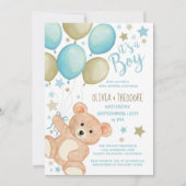 Teddy Bear Balloons Blue Gold Boy Baby shower Kaart (Voorkant)