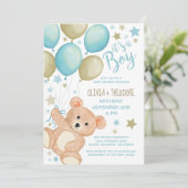 Teddy Bear Balloons Blue Gold Boy Baby shower Kaart (Staand voorkant)