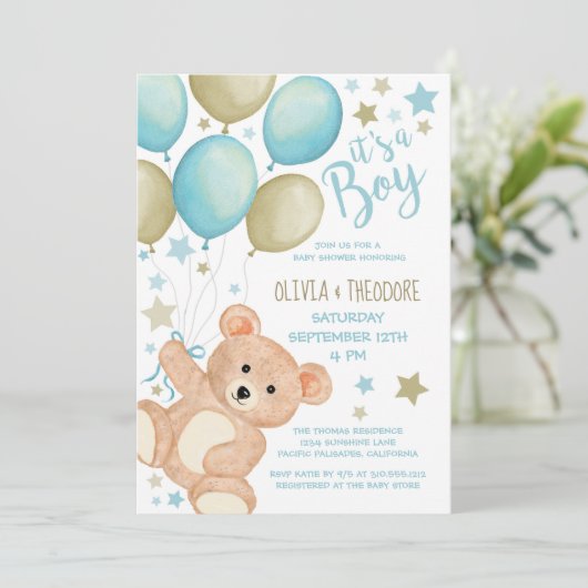 Teddy Bear Balloons Blue Gold Boy Baby shower Kaart (Staand voorkant)