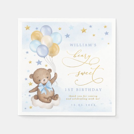 Teddy Bear Balloons Blue Gold Stars Birthday Servet (Voorkant)