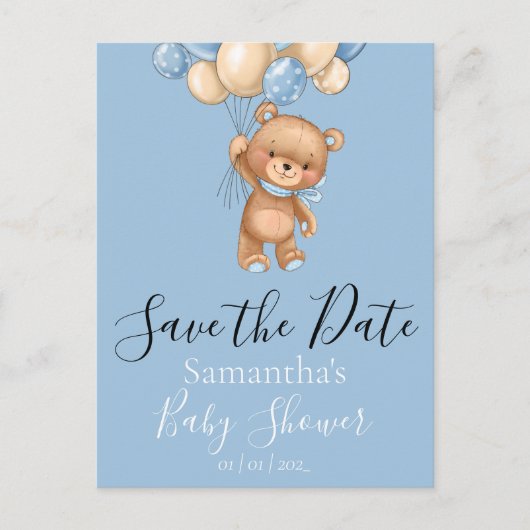 Teddy Bear Balloons Blue Save the Date Briefkaart (Voorkant)
