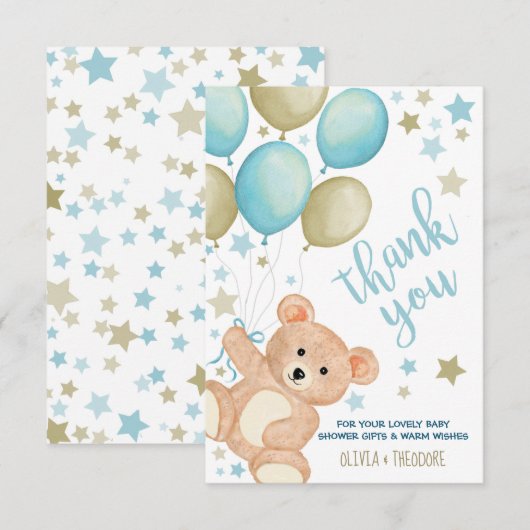 Teddy Bear Balloons Boy Baby shower Dank u Notitiekaartje (Voorkant / Achterkant)