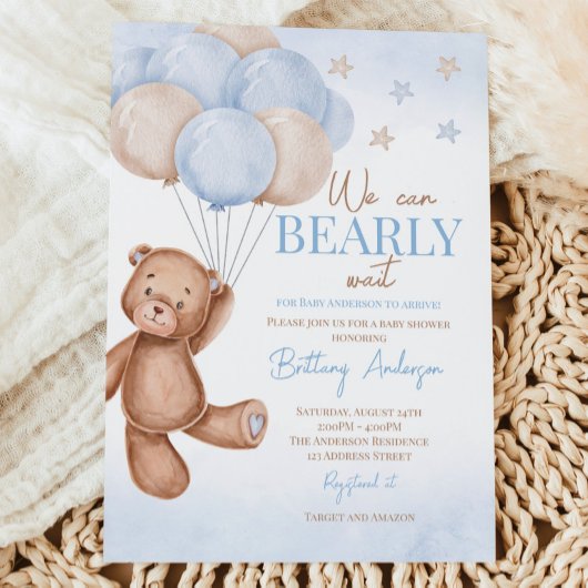 Teddy Bear Balloons Boy Baby shower Kaart