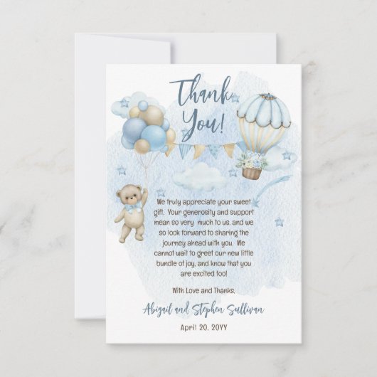 Teddy Bear Balloons Boy Barly Wait Baby shower Bedankkaart (Voorkant)