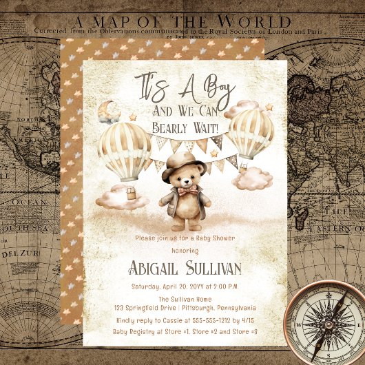 Teddy Bear Balloons Boy Barly Wait Baby shower Kaart