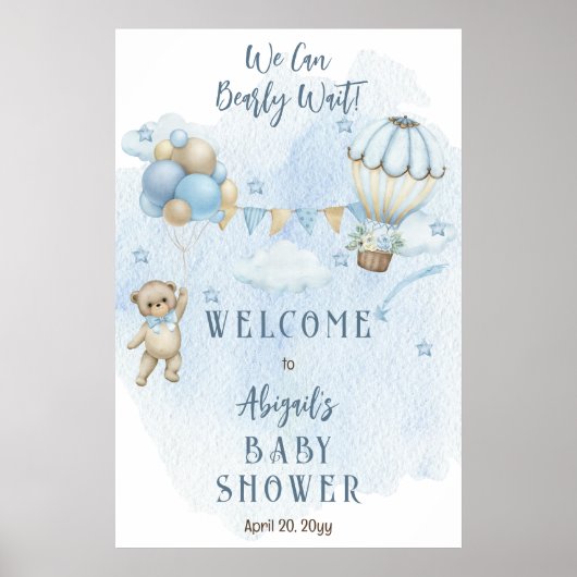 Teddy Bear Balloons Boy Barly Wait Baby shower Poster (Voorkant)
