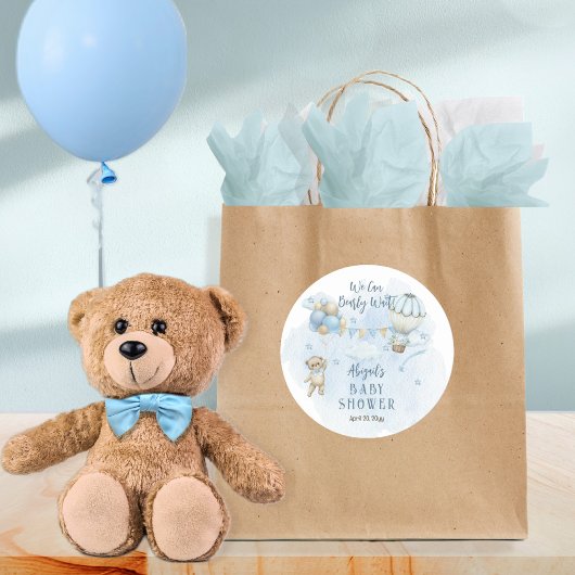 Teddy Bear Balloons Boy Barly Wait Baby shower Ronde Sticker