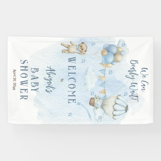 Teddy Bear Balloons Boy Barly Wait Baby shower Spandoek (Horizontaal)