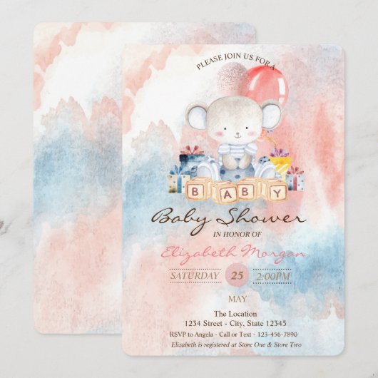 Teddy Bear Balloons Cadeau Waterverf Baby shower Kaart (Voorkant / Achterkant)