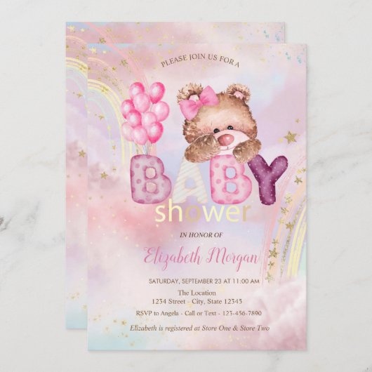 Teddy Bear Balloons Cloud Rainbow Baby shower Kaart (Voorkant / Achterkant)