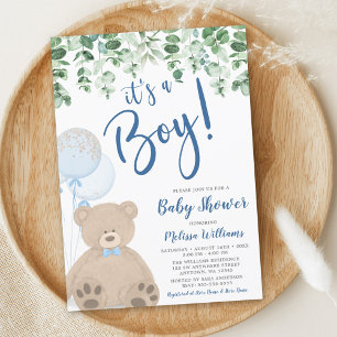 Teddy Bear Balloons Eucalyptus Boy Baby shower Kaart