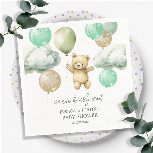 Teddy Bear Balloons Green Sky Baby shower Servet