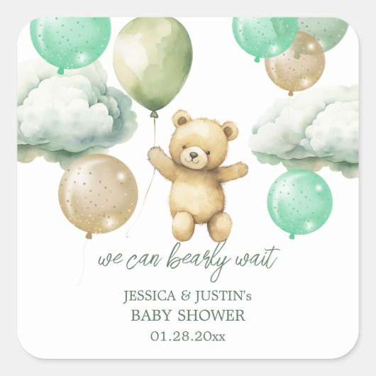 Teddy Bear Balloons Green Sky Baby shower Vierkante Sticker (Voorkant)