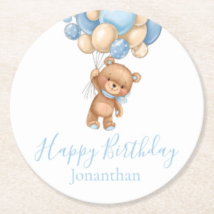 Teddy Bear Balloons Happy Birthday Blue Boy Ronde Kartonnen Onderzetter