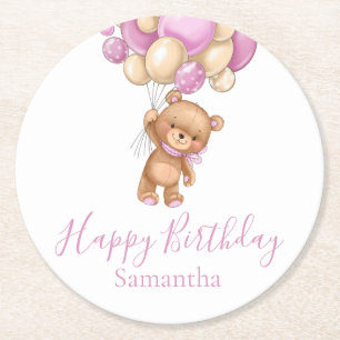 Teddy Bear Balloons Happy Birthday Pink Girl Ronde Kartonnen Onderzetter