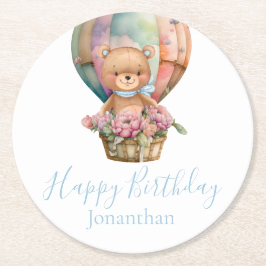 Teddy Bear Balloons Happy Birthday Ronde Kartonnen Onderzetter (Voorkant)