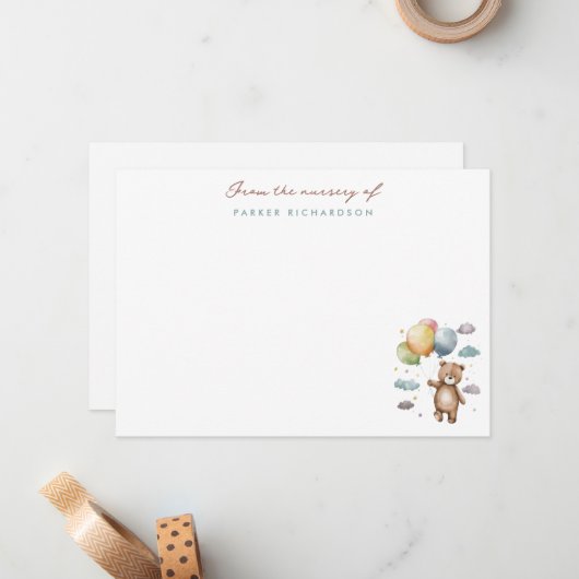 Teddy Bear & Balloons Kwekerij Blauw Dank u Notitiekaartje (Voorkant / Achterkant in situ)