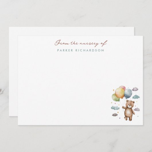 Teddy Bear & Balloons Kwekerij Blauw Dank u Notitiekaartje (Voorkant / Achterkant)