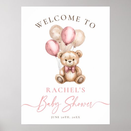 Teddy Bear Balloons Meisje Baby shower Welkom Poster (Voorkant)