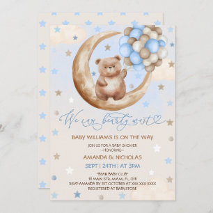 Teddy Bear Balloons & Moon Blue Boy Baby shower Kaart