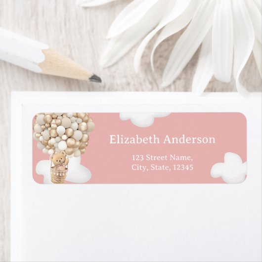 Teddy Bear Balloons Pink Baby Shower Label (Insitu)