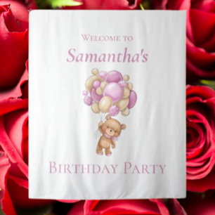 Teddy Bear Balloons Pink Girl Birthday achtergrond Wandkleed