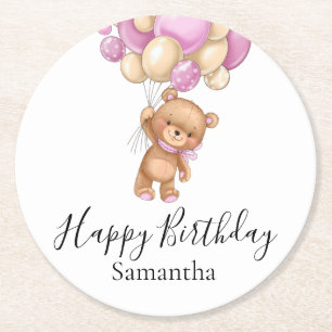 Teddy Bear Balloons Pink Girl Happy Birthday Ronde Kartonnen Onderzetter