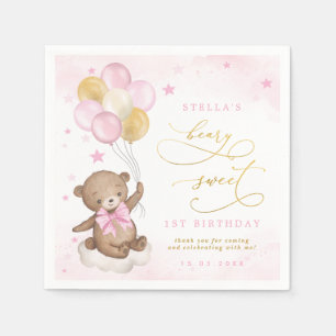 Teddy Bear Balloons Pink Gold Stars Birthday Servet