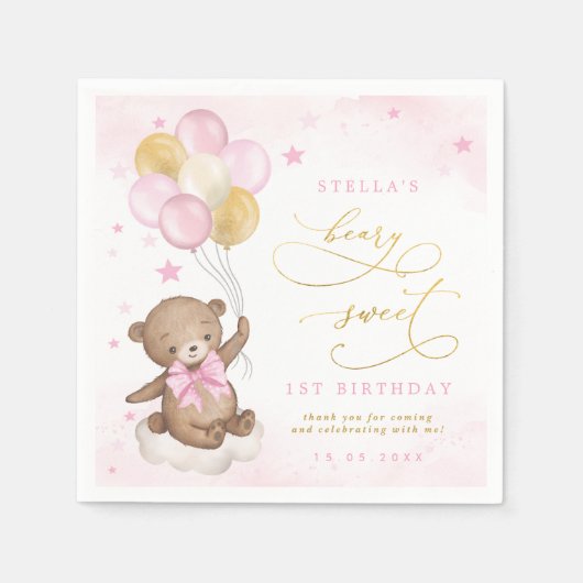 Teddy Bear Balloons Pink Gold Stars Birthday Servet (Voorkant)