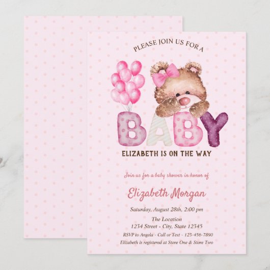 Teddy Bear Balloons Polka Dots Baby shower Kaart (Voorkant / Achterkant)