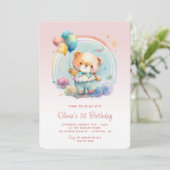 Teddy Bear Balloons Roze 1e verjaardag Kaart (Staand voorkant)