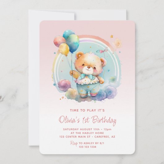 Teddy Bear Balloons Roze 1e verjaardag Kaart (Voorkant)