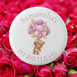 Teddy Bear Balloons Roze 1e verjaardag Ronde Button 5,7 Cm