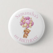 Teddy Bear Balloons Roze 1e verjaardag Ronde Button 5,7 Cm (Voorkant)