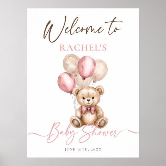Teddy Bear Balloons Roze Baby shower Welkom Poster (Voorkant)