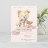 Teddy Bear Banner Meisjes Eerste Verjaardag Kaart (Staand voorkant)