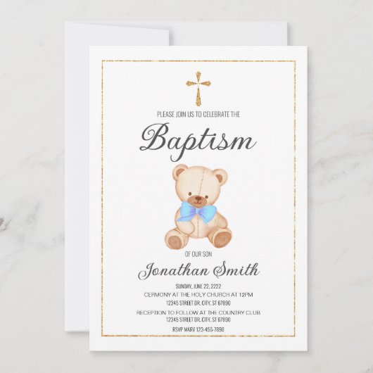 Teddy Bear Baptism Christening Uitnodiging (Voorkant)
