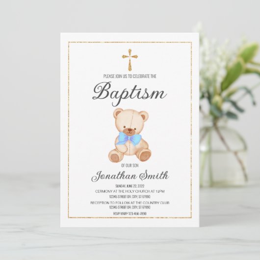 Teddy Bear Baptism Christening Uitnodiging (Staand voorkant)