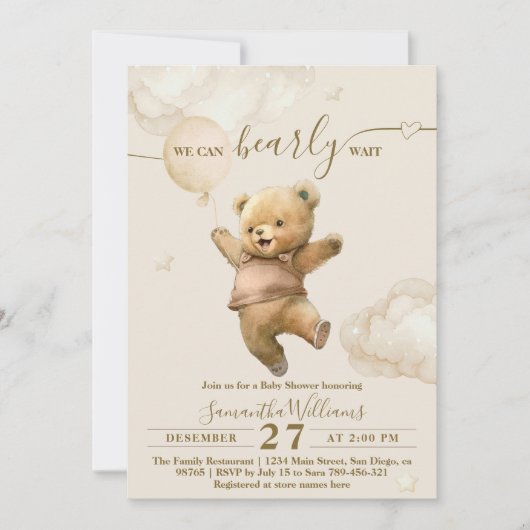 Teddy Bear Barly Wait Air Balloon Baby shower Kaart (Voorkant)