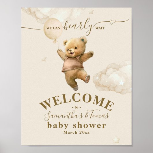 Teddy Bear Barly Wait Air Balloon Baby shower Poster (Voorkant)