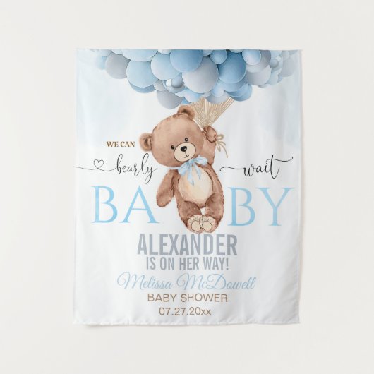 Teddy Bear Barly Wait Baby shower Tapestry Blauw Wandkleed (Voorkant)