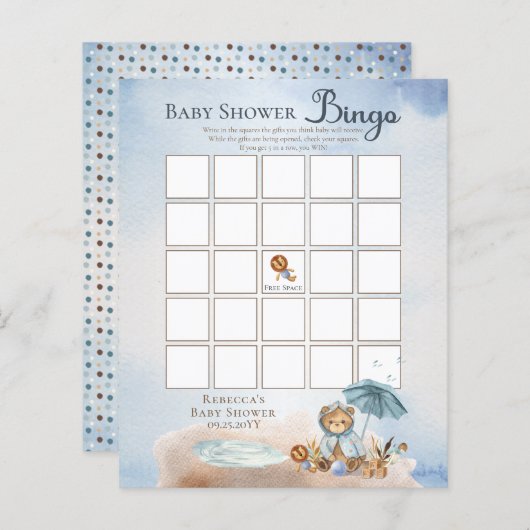 Teddy Bear Barly Wait Boy Baby shower Bingo Invi (Voorkant / Achterkant)