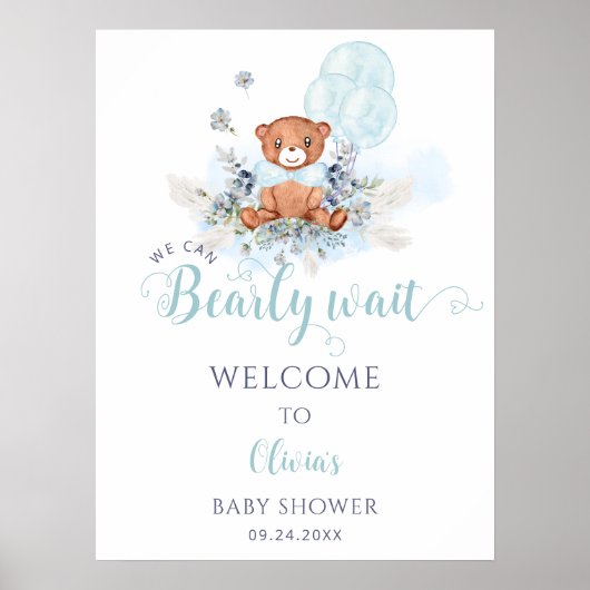 Teddy Bear Barly Wait Boy Baby shower Welkom Poster (Voorkant)