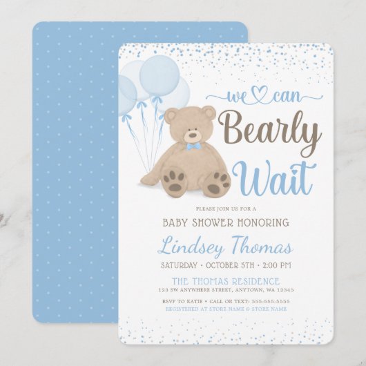 Teddy Bear Barly Wait Confetti Boy Baby shower Kaart (Voorkant / Achterkant)
