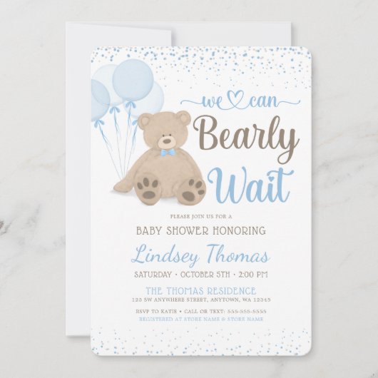 Teddy Bear Barly Wait Confetti Boy Baby shower Kaart (Voorkant)