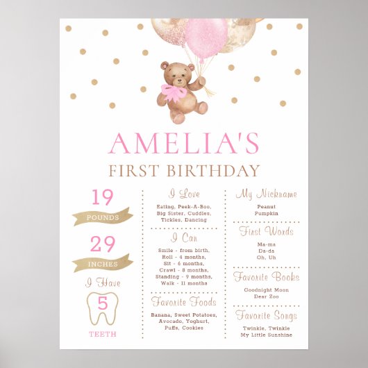 Teddy Bear Barly Wait Milestone Baby 1st Birthday Poster (Voorkant)