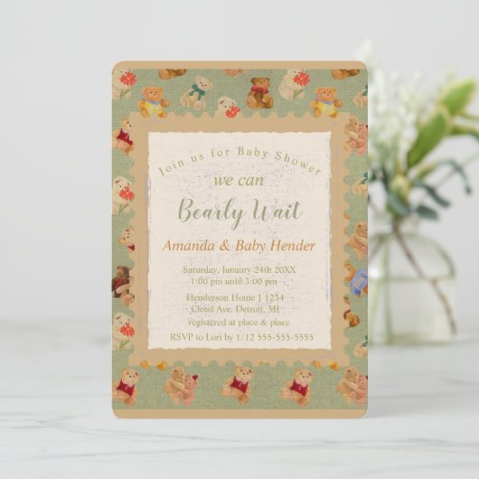 Teddy Bear Bearly Wait Baby shower Kaart (Staand voorkant)